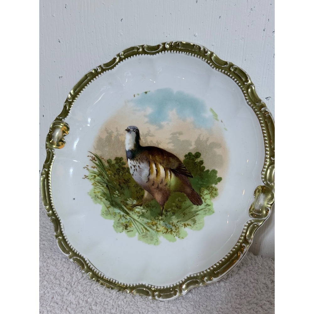 Vintage PM Bavaria Porcelain Game Bird Cabinet Plate Gold Scalloped Rim 13.25"